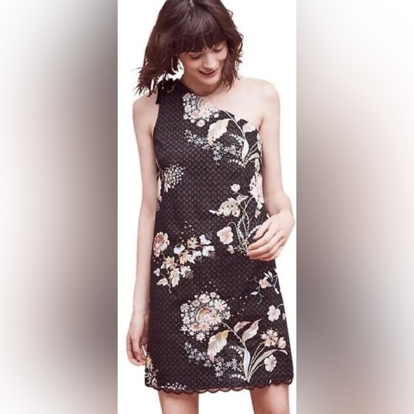 Maeve| Anthro Floral Beaded Black Shift Dress, One Shoulder with Velvet Tie••• - Picture 1 of 16